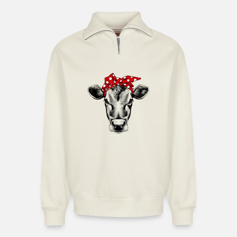 Färsen-Kuh-Bandana - Relaxed Unisex Organic Half Zip Sweatshirt – von SPREAD - Naturweiß