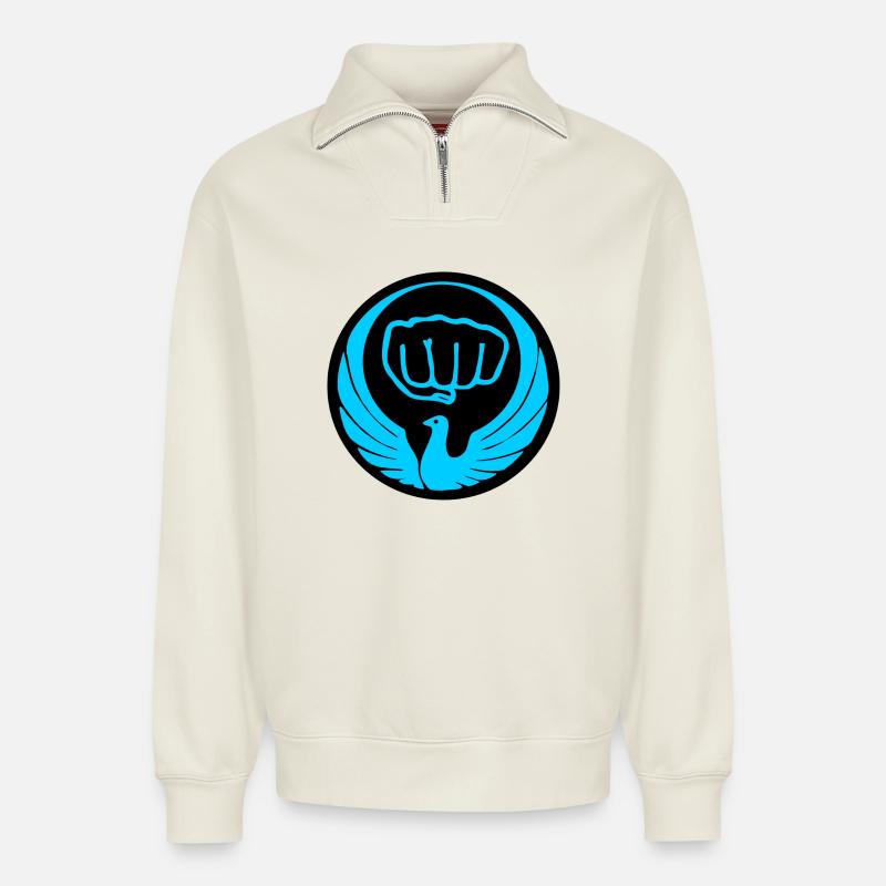 Wado pigeon emblem logo blue - Relaxed Unisex Organic Half Zip Sweatshirt – by SPREAD - off white