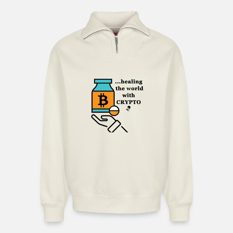 Bitcoin Icon Meme - Relaxed Unisex Organic Half Zip Sweatshirt – von SPREAD - Naturweiß
