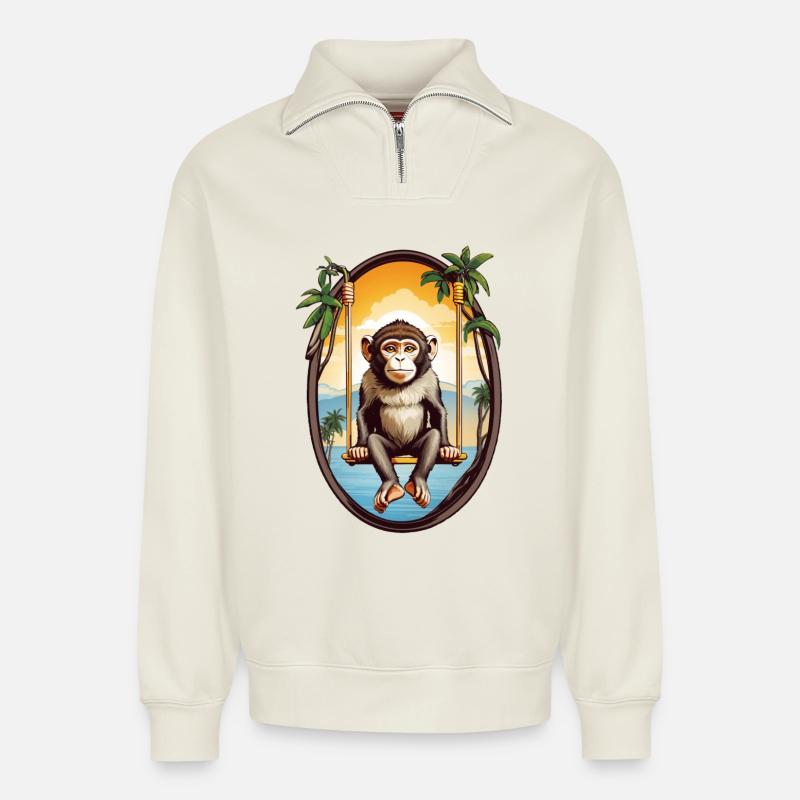Affe auf Schaukel - Relaxed Unisex Organic Half Zip Sweatshirt – von SPREAD - Naturweiß