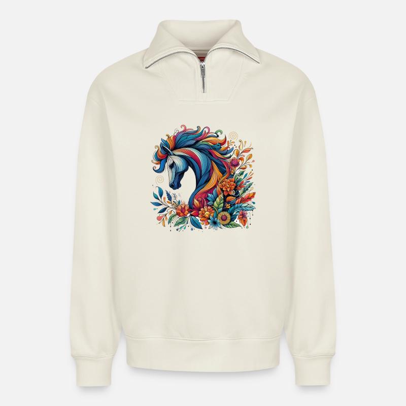 Pferd - Relaxed Unisex Organic Half Zip Sweatshirt – von SPREAD - Naturweiß