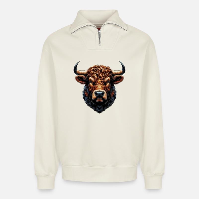 Stier - Relaxed Unisex Organic Half Zip Sweatshirt – von SPREAD - Naturweiß