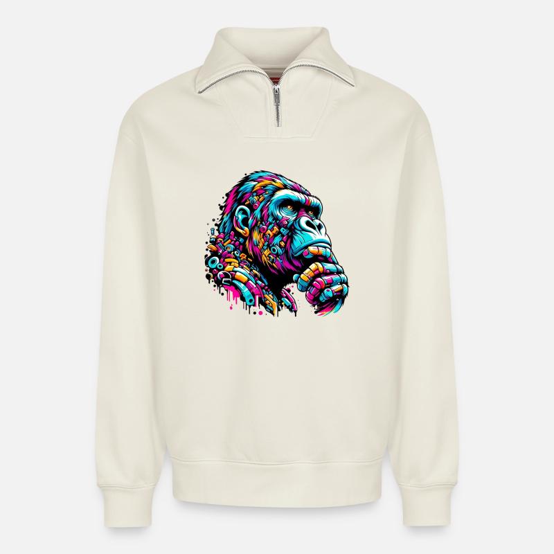 Gorille - Sweat unisexe décontracté en coton biologique à demi-zip – de SPREAD - blanc cassé