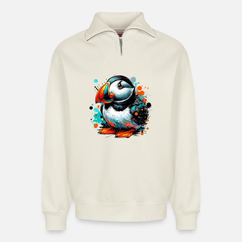 Macareux - Sweat unisexe décontracté en coton biologique à demi-zip – de SPREAD - blanc cassé