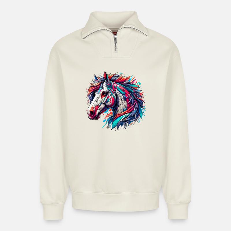 Cheval - Sweat unisexe décontracté en coton biologique à demi-zip – de SPREAD - blanc cassé