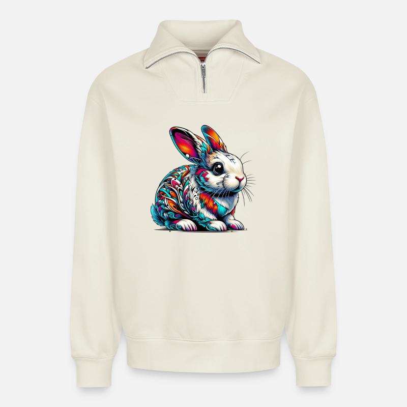 Rabbit - Relaxed Unisex Organic Half Zip Sweatshirt – by SPREAD - off white