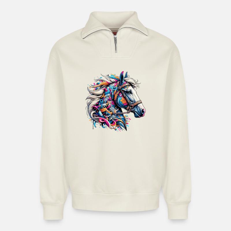 Cheval - Sweat unisexe décontracté en coton biologique à demi-zip – de SPREAD - blanc cassé