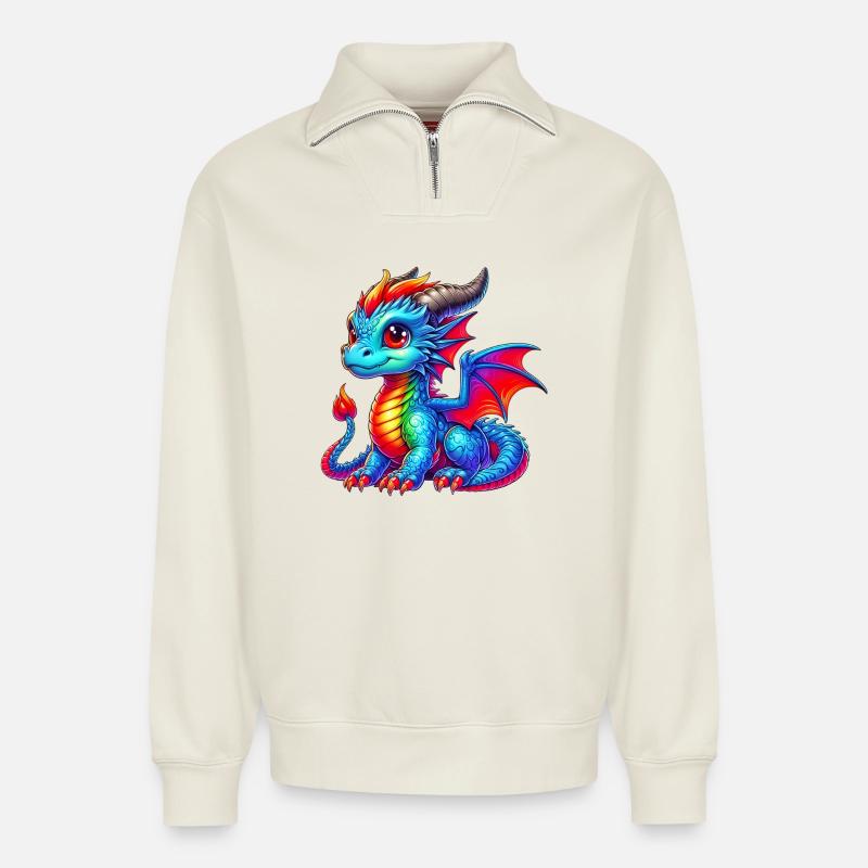 Drache - Relaxed Unisex Organic Half Zip Sweatshirt – von SPREAD - Naturweiß