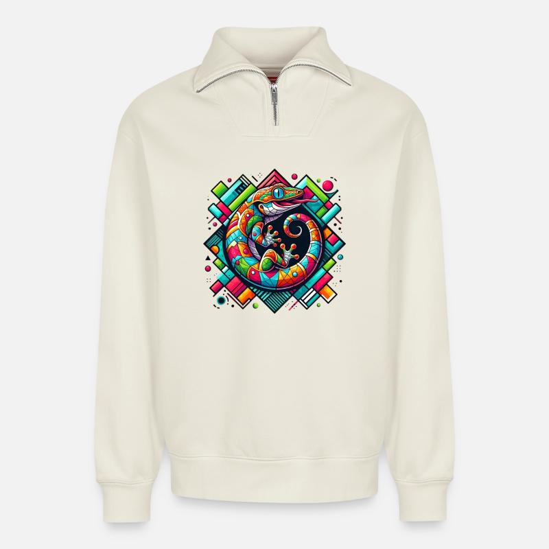 Gecko - Sweat unisexe décontracté en coton biologique à demi-zip – de SPREAD - blanc cassé