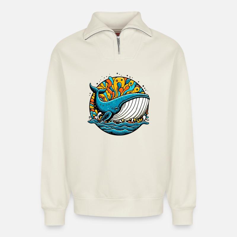 Baleine - Sweat unisexe décontracté en coton biologique à demi-zip – de SPREAD - blanc cassé