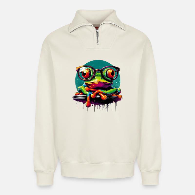 Frosch - Relaxed Unisex Organic Half Zip Sweatshirt – von SPREAD - Naturweiß