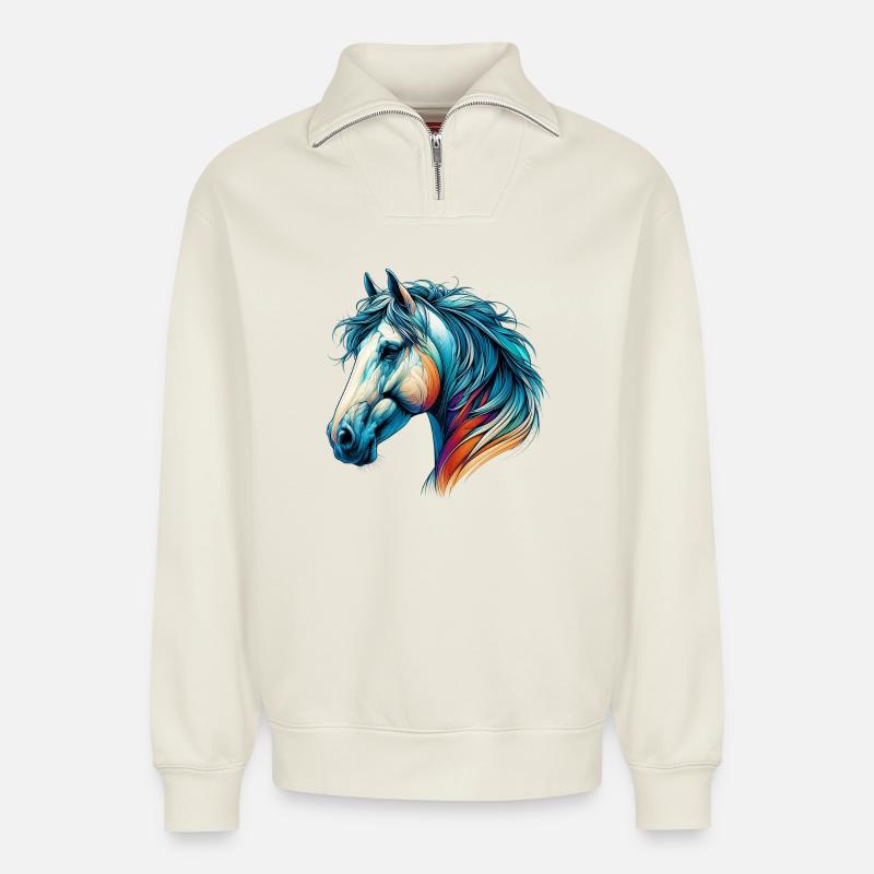 Cheval - Sweat unisexe décontracté en coton biologique à demi-zip – de SPREAD - blanc cassé