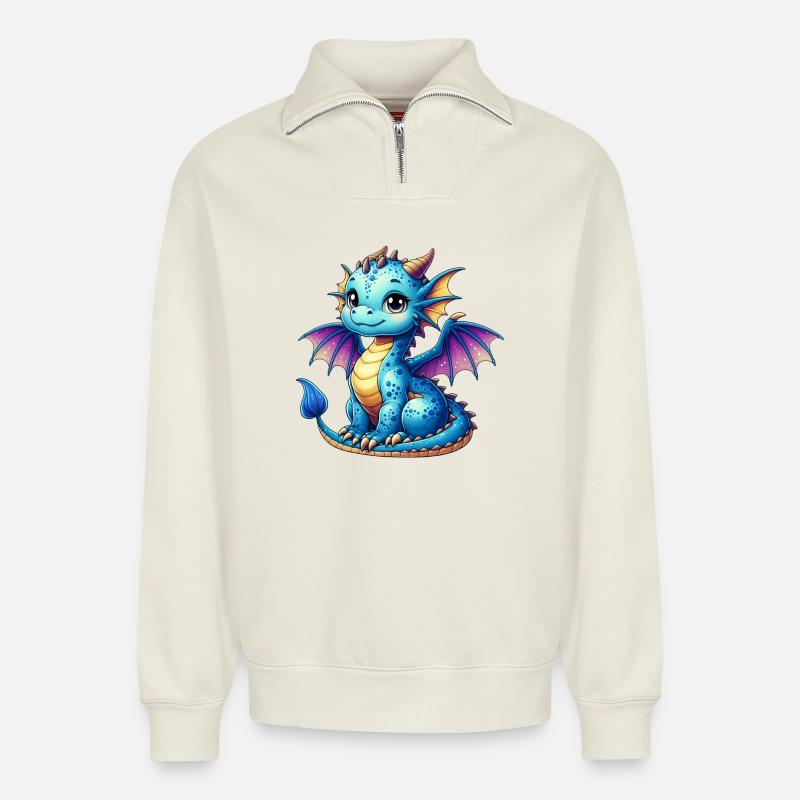 Drache - Relaxed Unisex Organic Half Zip Sweatshirt – von SPREAD - Naturweiß