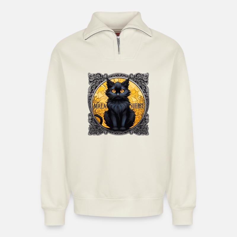 Black Cat Mala Suerte - Relaxed Unisex Organic Half Zip Sweatshirt – by SPREAD - off white