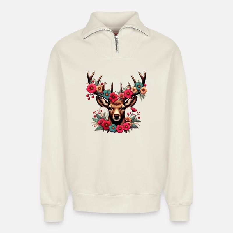 Cerf avec des fleurs - Sweat unisexe décontracté en coton biologique à demi-zip – de SPREAD - blanc cassé