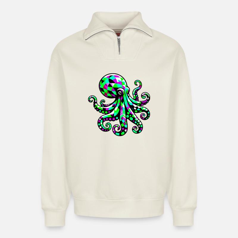 Krake - Relaxed Unisex Organic Half Zip Sweatshirt – von SPREAD - Naturweiß