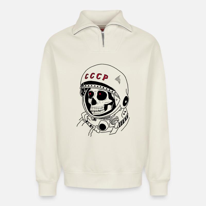 Soviet astronaut skull - Relaxed Unisex Organic Half Zip Sweatshirt – by SPREAD - off white