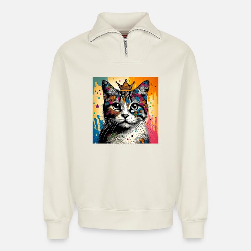 chat - Sweat unisexe décontracté en coton biologique à demi-zip – de SPREAD - blanc cassé