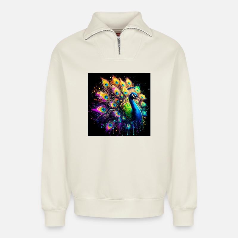 Pfau - Relaxed Unisex Organic Half Zip Sweatshirt – von SPREAD - Naturweiß