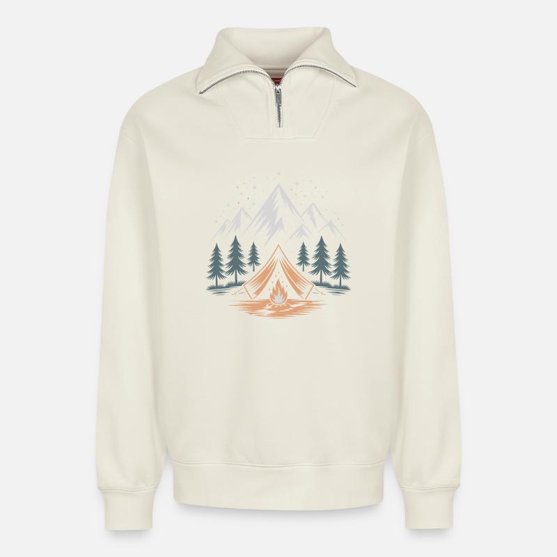 Bergabenteuer mit Lagerfeuer - Relaxed Unisex Organic Half Zip Sweatshirt – von SPREAD - Naturweiß