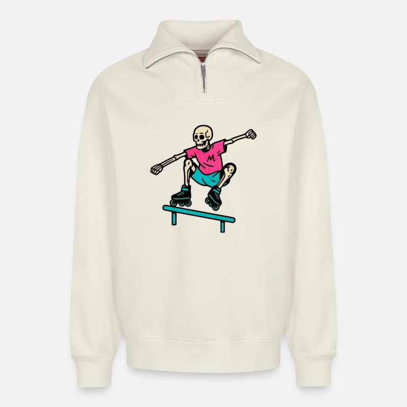 Neon Skelett grindet auf Inline-Skates - Relaxed Unisex Organic Half Zip Sweatshirt – von SPREAD - Naturweiß