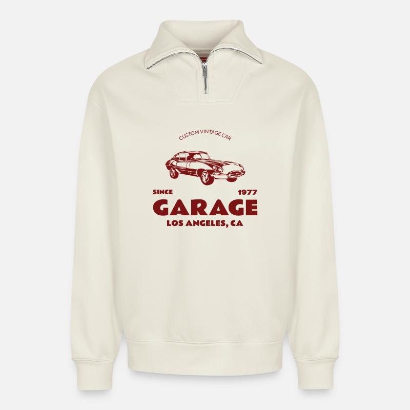 Custom Oldtimer – Garage Los Angeles - Relaxed Unisex Organic Half Zip Sweatshirt – von SPREAD - Naturweiß