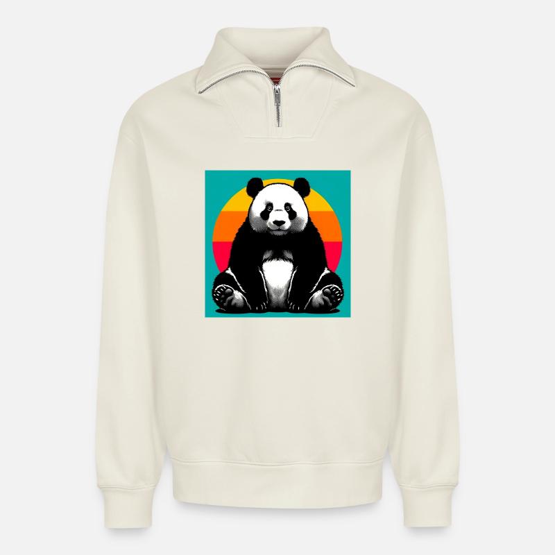 panda - Sweat unisexe décontracté en coton biologique à demi-zip – de SPREAD - blanc cassé