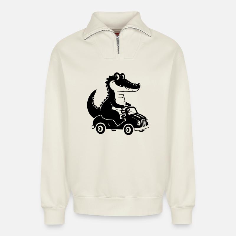 Moving Crocodile Cartoon Illustration - Relaxed Unisex Organic Half Zip Sweatshirt – by SPREAD - off white