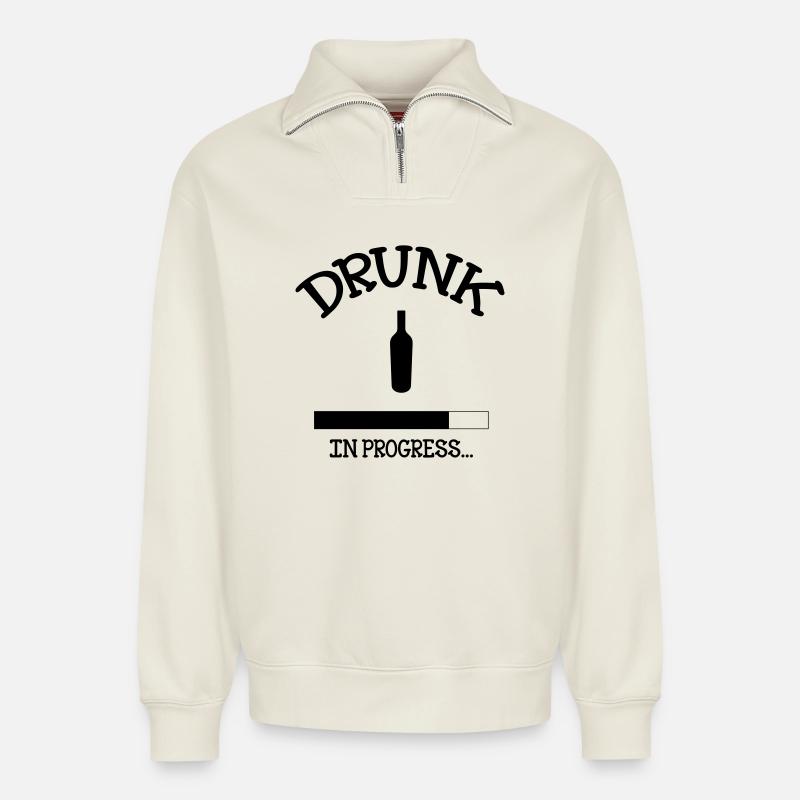 Drunk in Progress - alcool - Sweat unisexe décontracté en coton biologique à demi-zip – de SPREAD - blanc cassé