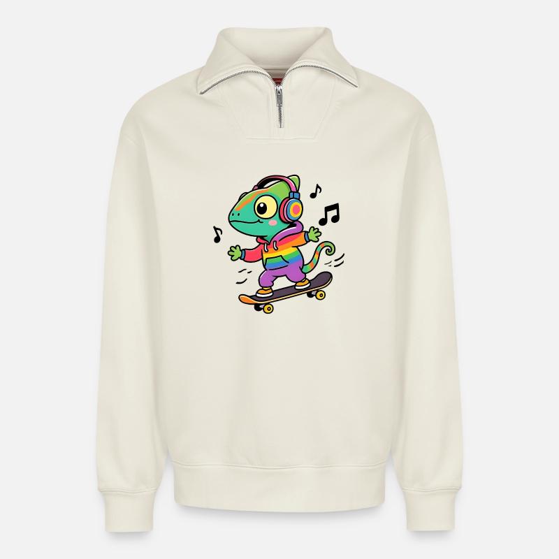 Regenbogen-Chamäleon auf Schlittschuh - Relaxed Unisex Organic Half Zip Sweatshirt – von SPREAD - Naturweiß