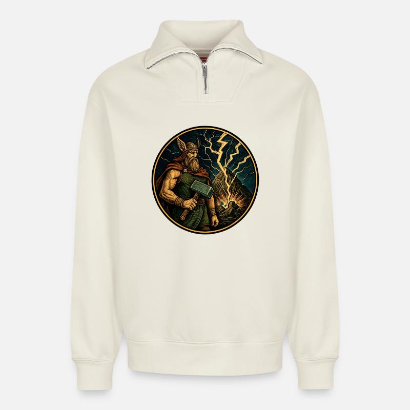 Thor mit Hammer - Relaxed Unisex Organic Half Zip Sweatshirt – von SPREAD - Naturweiß