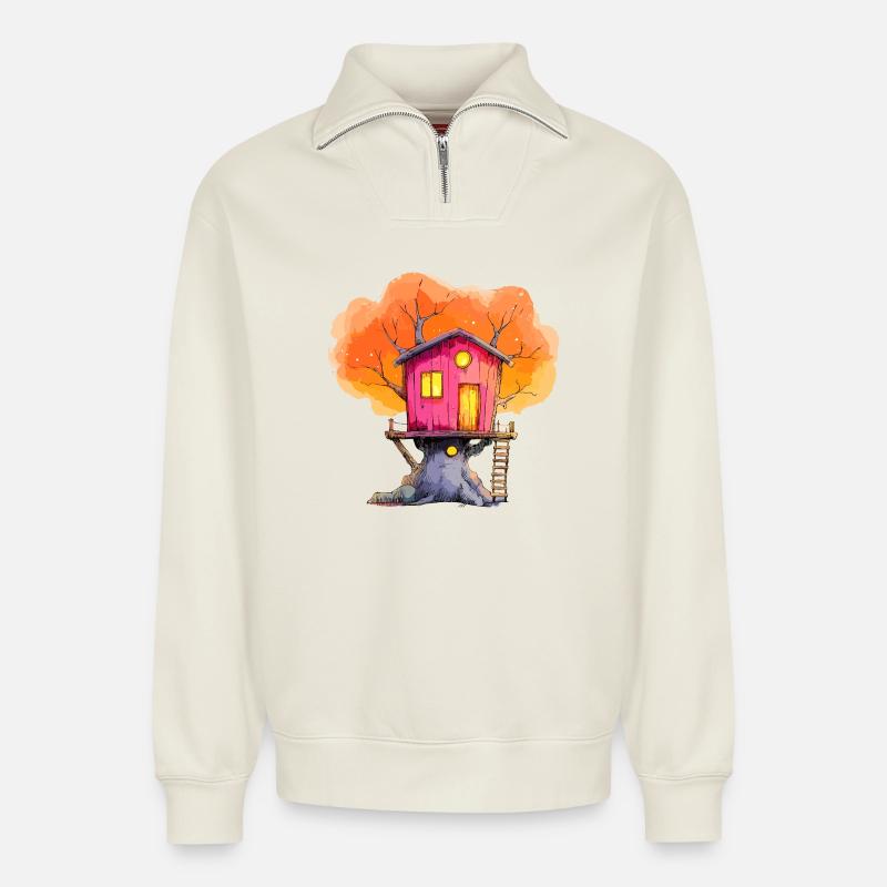 Pink Baumhaus Herbstzauber - Relaxed Unisex Organic Half Zip Sweatshirt – von SPREAD - Naturweiß