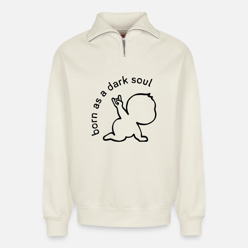 Né en âme sombre - Sweat unisexe décontracté en coton biologique à demi-zip – de SPREAD - blanc cassé