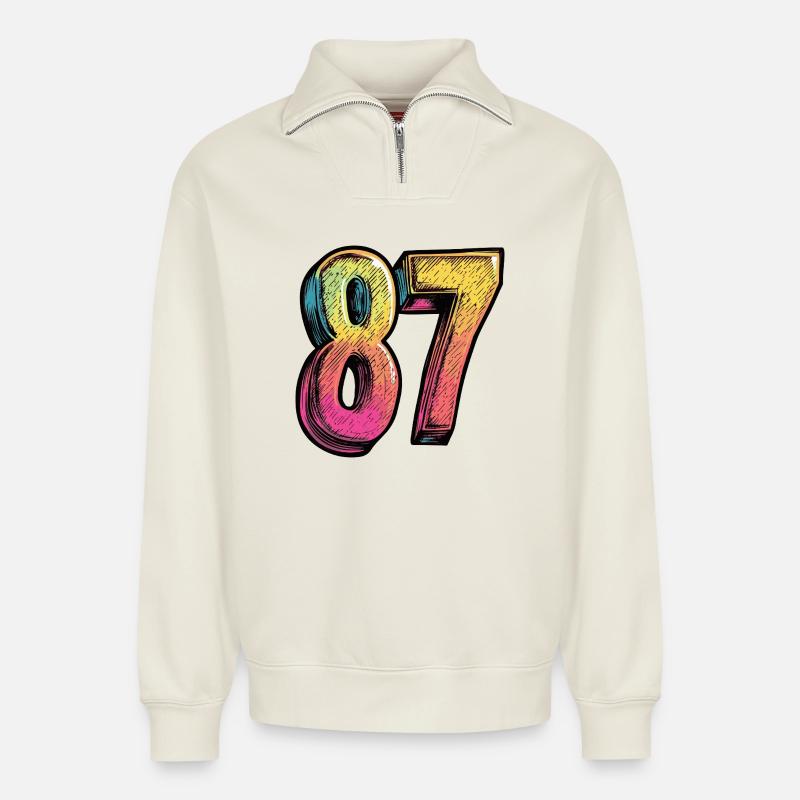 87 Zahl Bunt - Relaxed Unisex Organic Half Zip Sweatshirt – von SPREAD - Naturweiß
