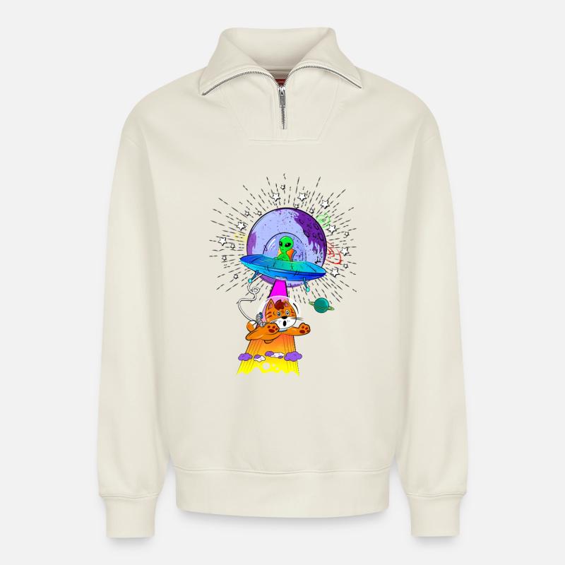 Kosmische Katzen-UFO-Abenteuer - Relaxed Unisex Organic Half Zip Sweatshirt – von SPREAD - Naturweiß