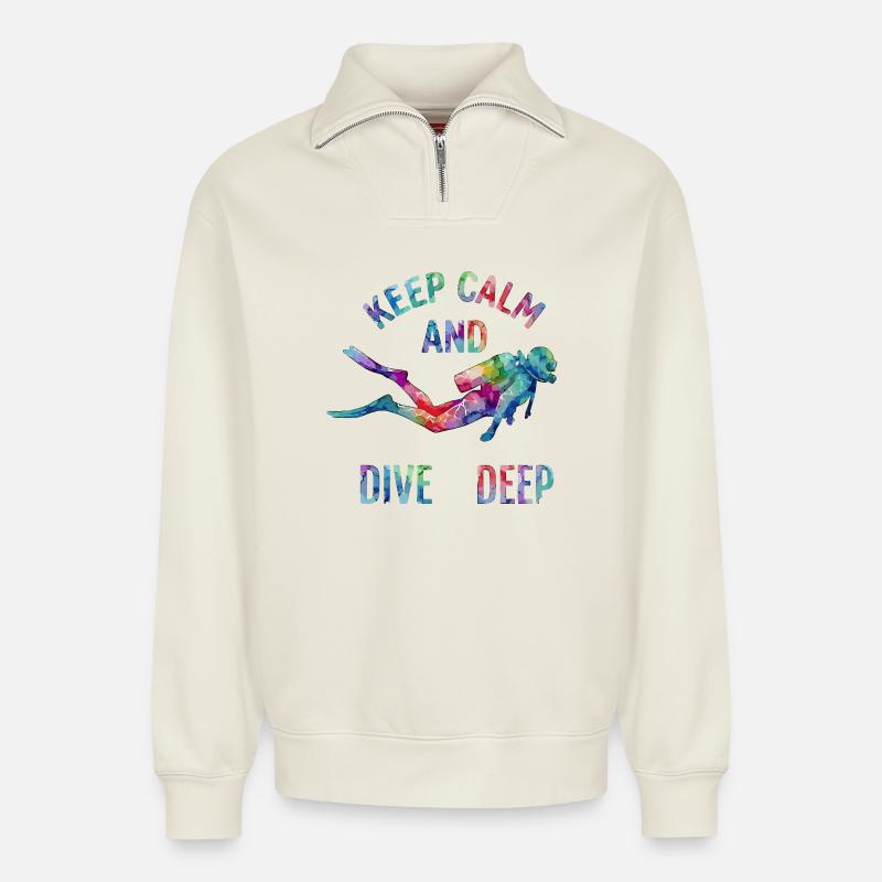 Bunter Tauchgang Spruch - Relaxed Unisex Organic Half Zip Sweatshirt – von SPREAD - Naturweiß