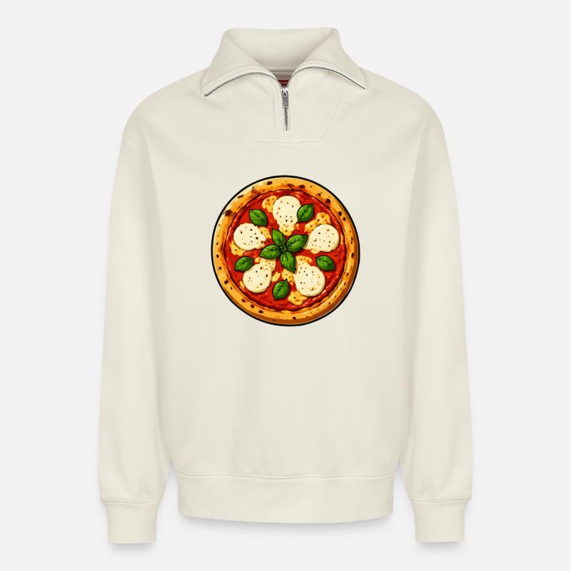 Basil Pizza Comic - Relaxed Unisex Organic Half Zip Sweatshirt – by SPREAD - off white