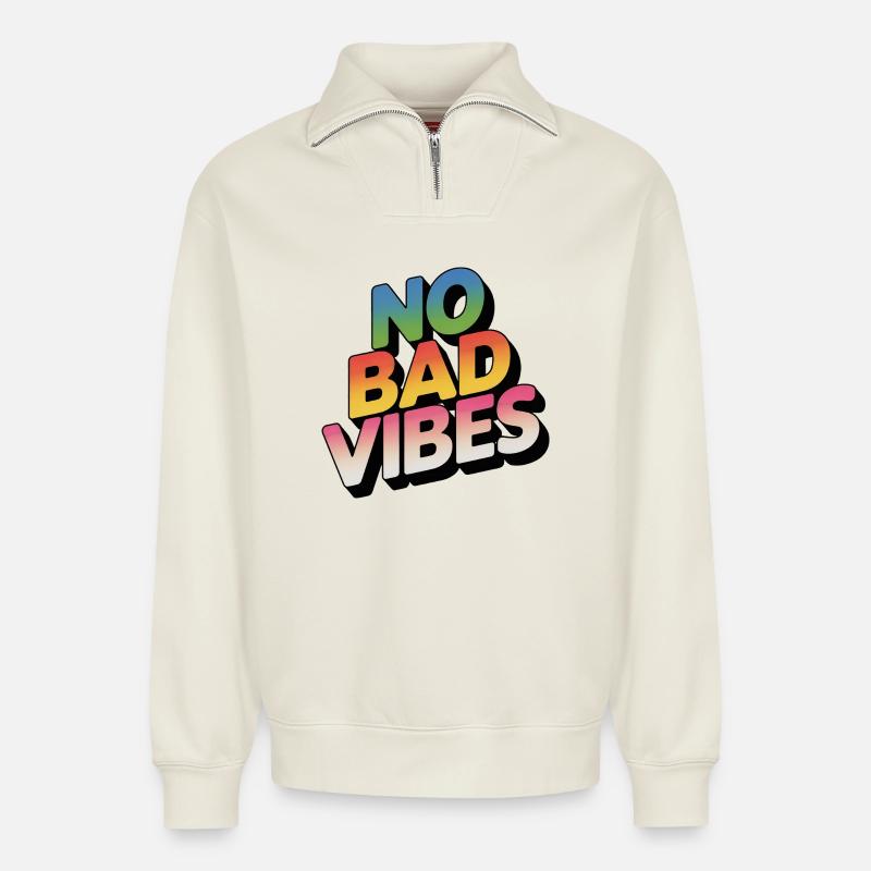 No Bad Vibes Rainbow Lettering - Relaxed Unisex Organic Half Zip Sweatshirt – by SPREAD - off white