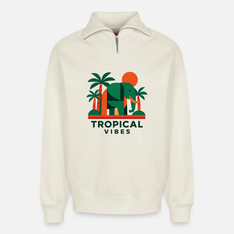 Tropical Elephant - Relaxed Unisex Organic Half Zip Sweatshirt – von SPREAD - Naturweiß