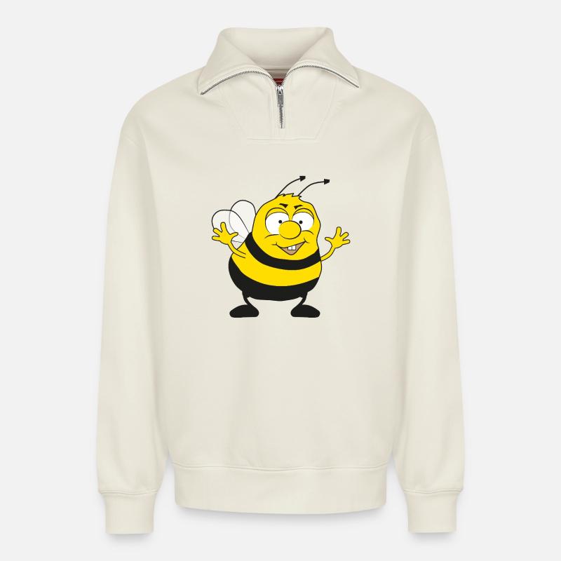 Brummy, the cool bumblebee - Relaxed Unisex Organic Half Zip Sweatshirt – by SPREAD - off white