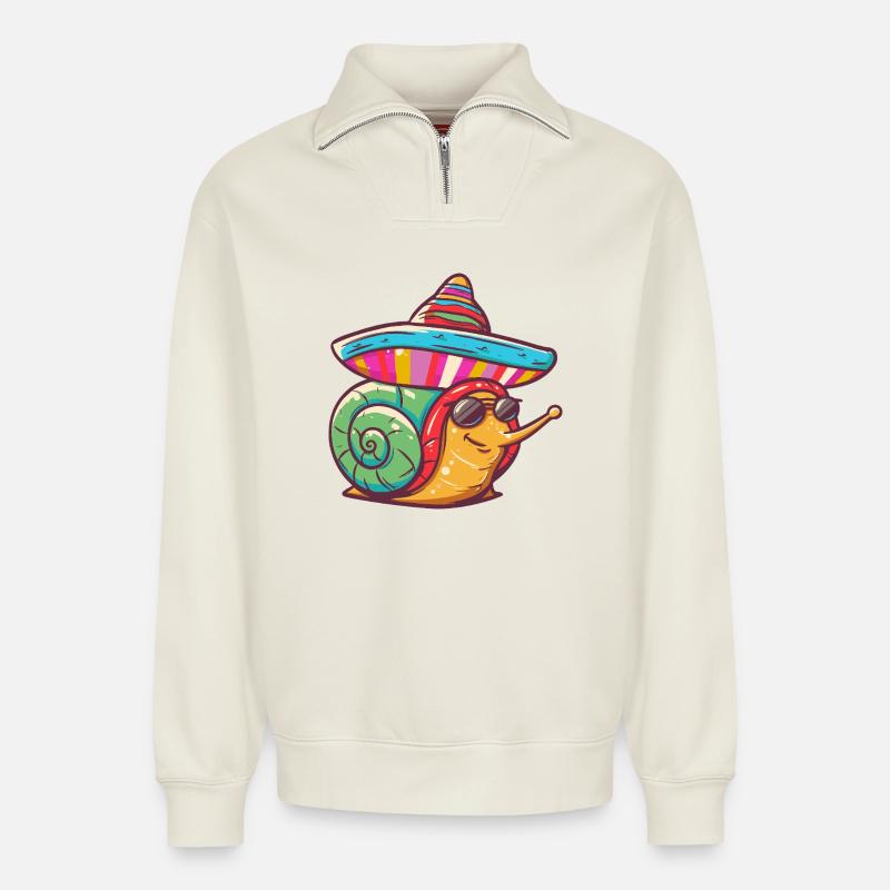 Snail Funny Sombrero - Relaxed Unisex Organic Half Zip Sweatshirt – by SPREAD - off white
