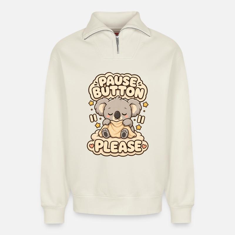 Pause Button Please Koala - Relaxed Unisex Organic Half Zip Sweatshirt – von SPREAD - Naturweiß