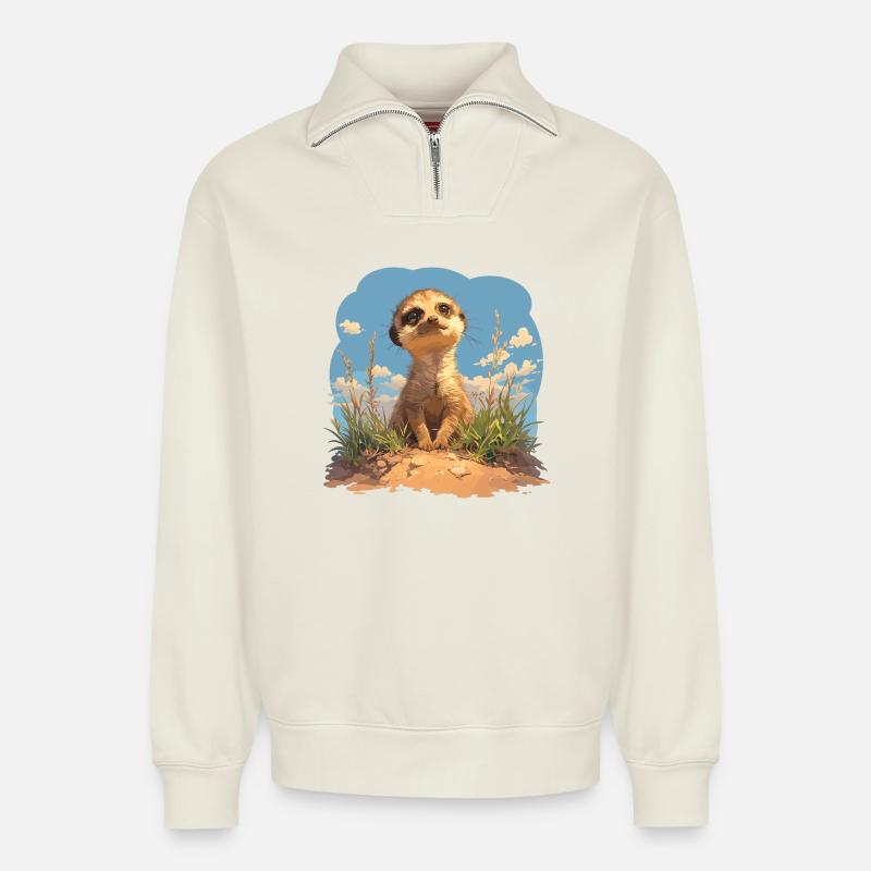 Meerkat Erdmännchen - Relaxed Unisex Organic Half Zip Sweatshirt – von SPREAD - Naturweiß