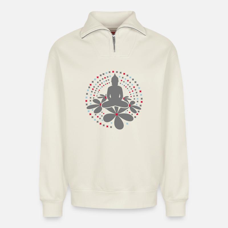 Mandala Bouddha - Sweat unisexe décontracté en coton biologique à demi-zip – de SPREAD - blanc cassé