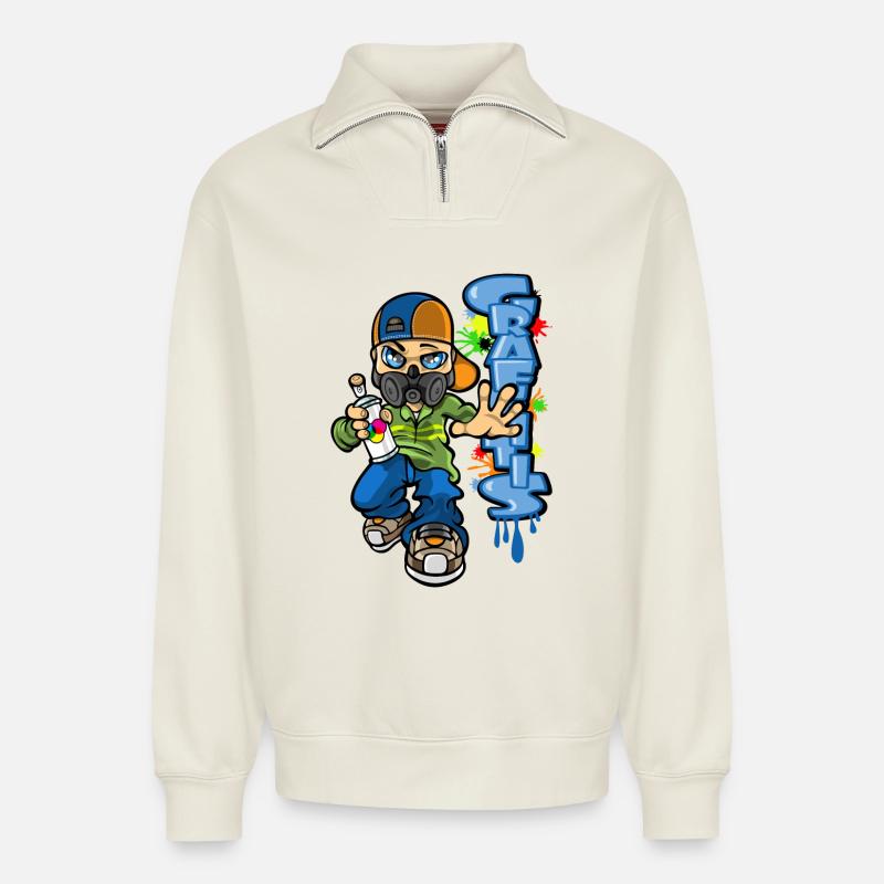 B-boy and graffiti - Relaxed Unisex Organic Half Zip Sweatshirt – by SPREAD - off white