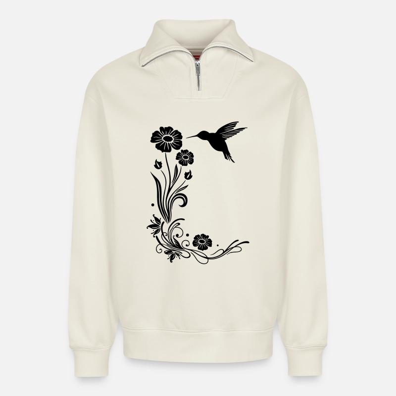 Kolibri Blumen - Relaxed Unisex Organic Half Zip Sweatshirt – von SPREAD - Naturweiß