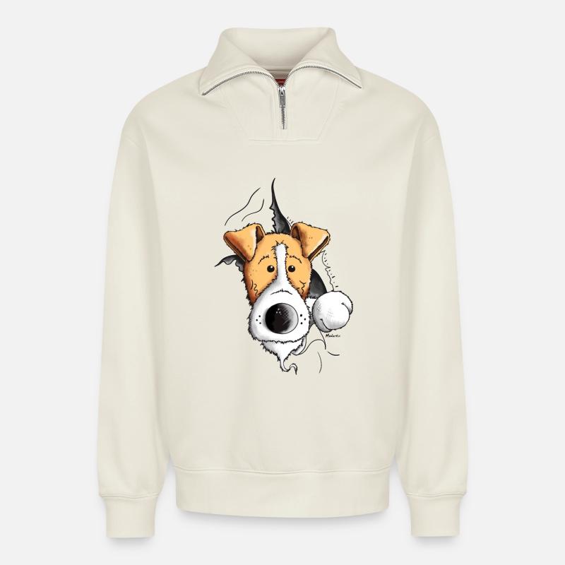 Drôle Fox-terrier - Sweat unisexe décontracté en coton biologique à demi-zip – de SPREAD - blanc cassé