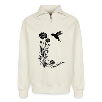 Floral motif with flowers and hummingbird. - Relaxed Unisex Organic Half Zip Sweatshirt – by SPREAD - off white - Front