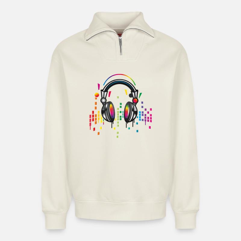 Kopfhörer mit bunter Equalizer Zeichnung - Relaxed Unisex Organic Half Zip Sweatshirt – von SPREAD - Naturweiß