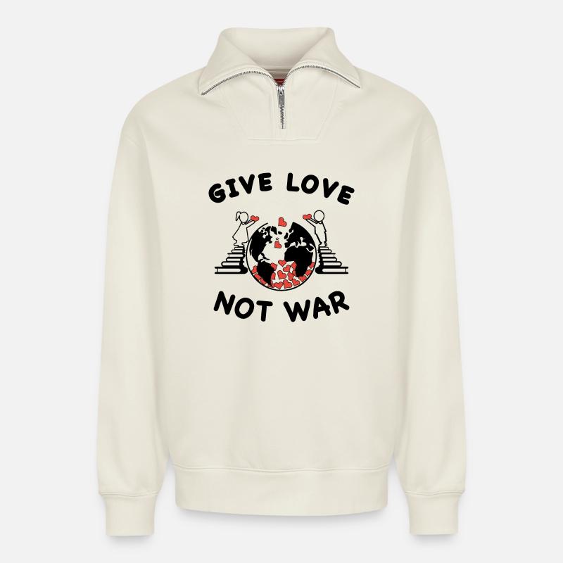 Peace, not war - Relaxed Unisex Organic Half Zip Sweatshirt – by SPREAD - off white